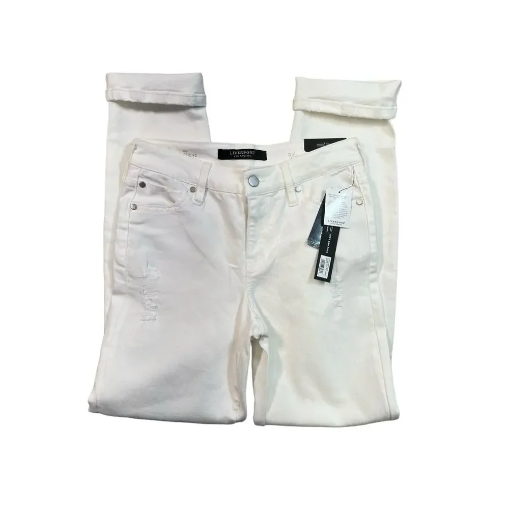 Liverpool the Girlfriend Cuffed JEAN‎ Mid Rise Distressed Denim Bone White 0/25